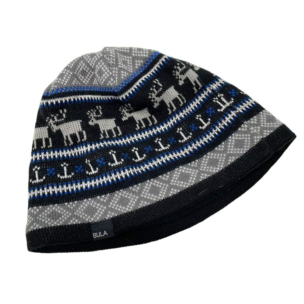 Bula Fair Isle Beanie with Deer Adult Black Gray White Blue